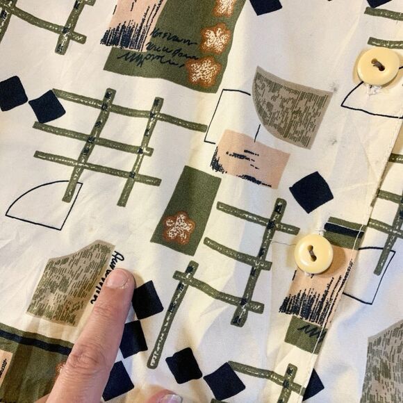 (S/M) Abstract Vintage Women's Button-Up - Artistic Artsy Hip Geometric Cream - Picture 7 of 7